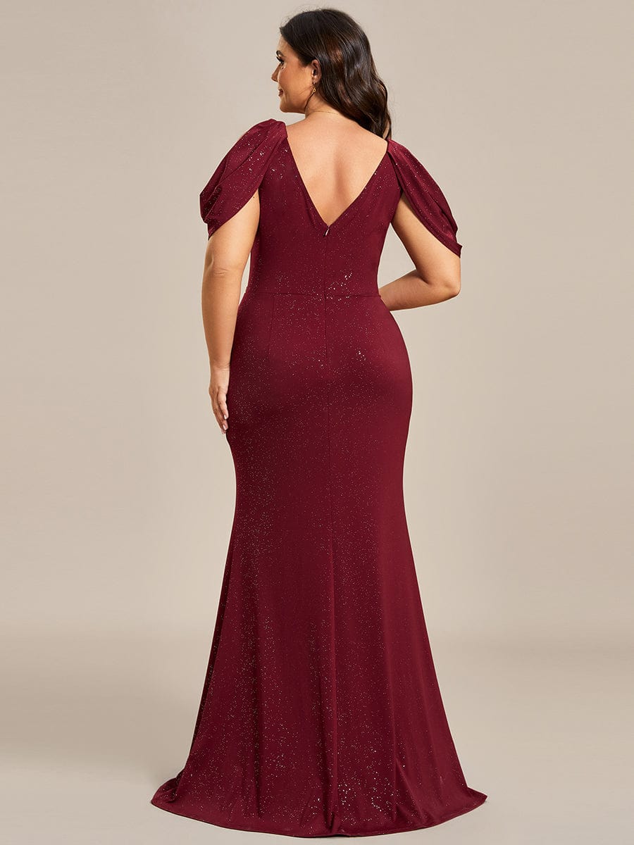 Cold Shoulder Glitter Backless Evening Dress with Shiny Belt #color_Burgundy