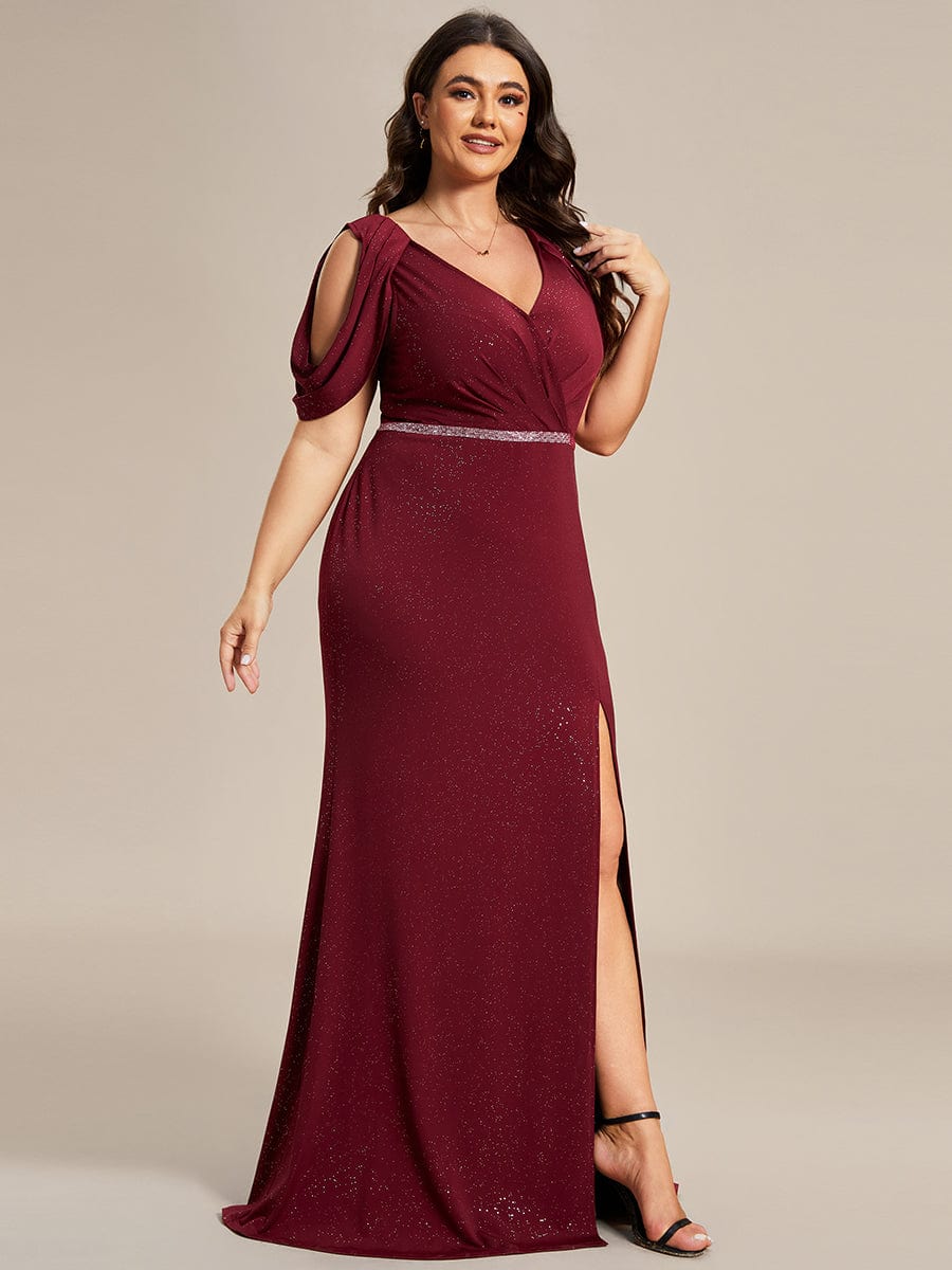 Cold Shoulder Glitter Backless Evening Dress with Shiny Belt #color_Burgundy