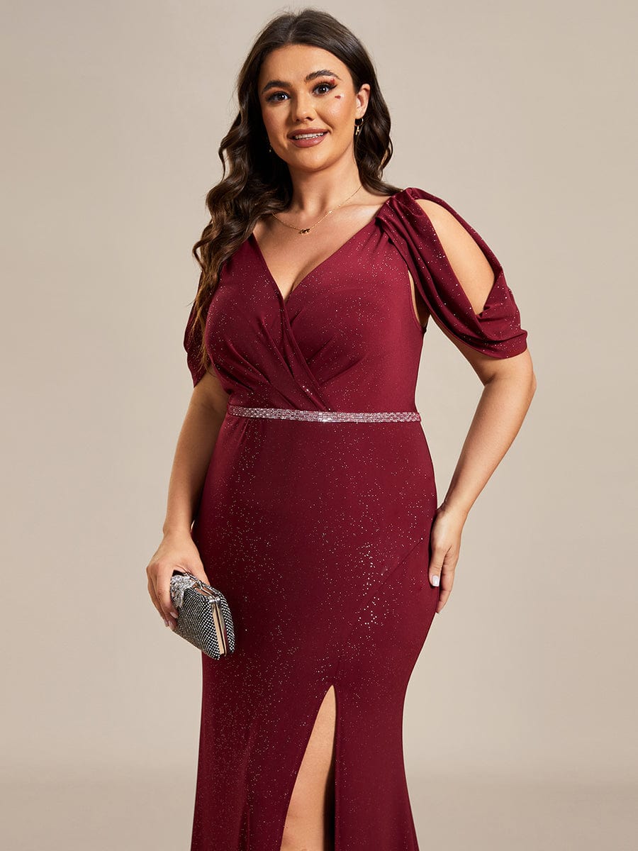 Cold Shoulder Glitter Backless Evening Dress with Shiny Belt #color_Burgundy