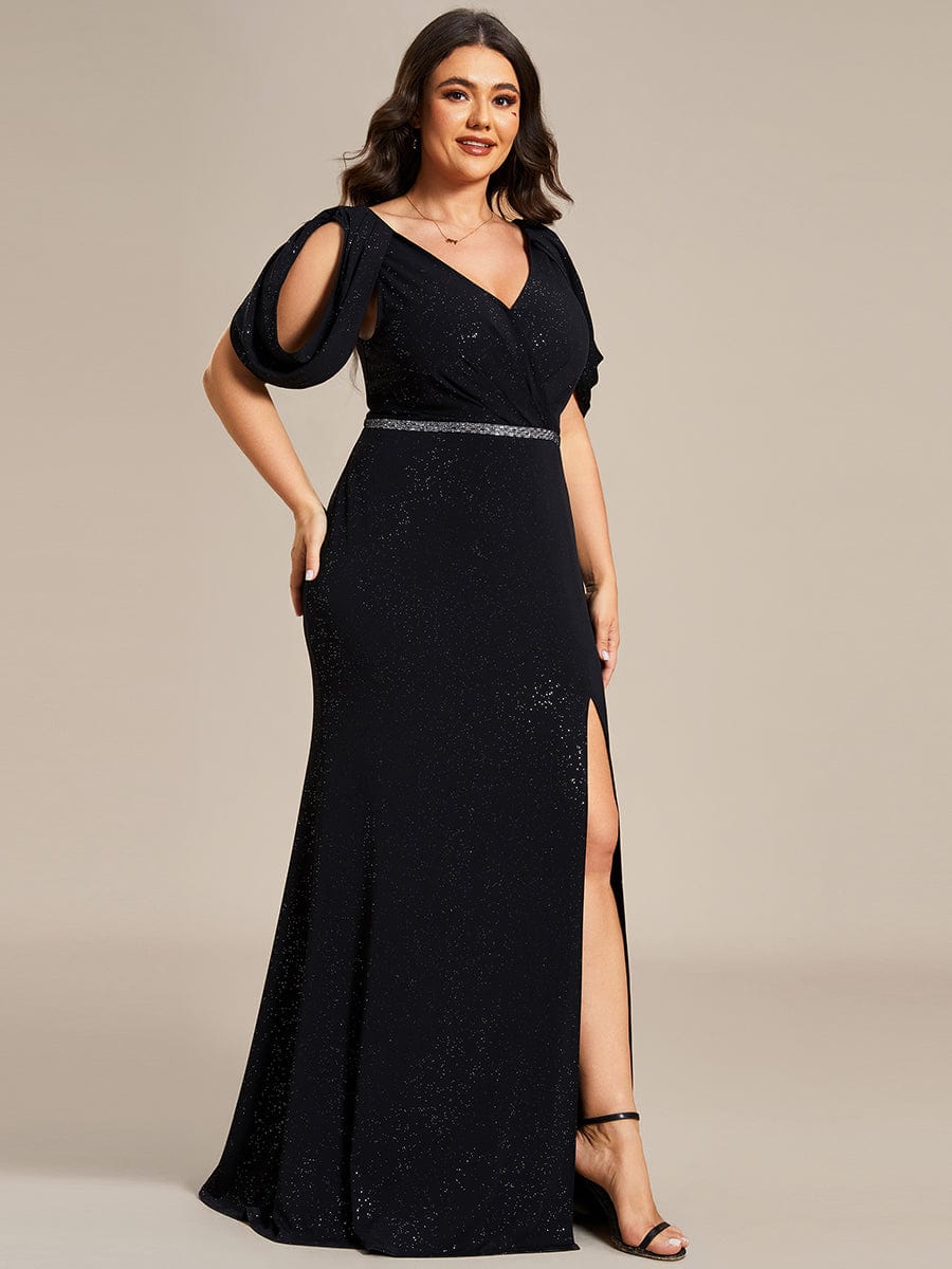 Cold Shoulder Glitter Backless Evening Dress with Shiny Belt Final Sale