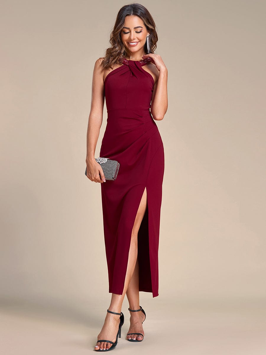 Sleeveless Halter Neck High Slit Stretch Evening Dress with Sequin #color_Burgundy