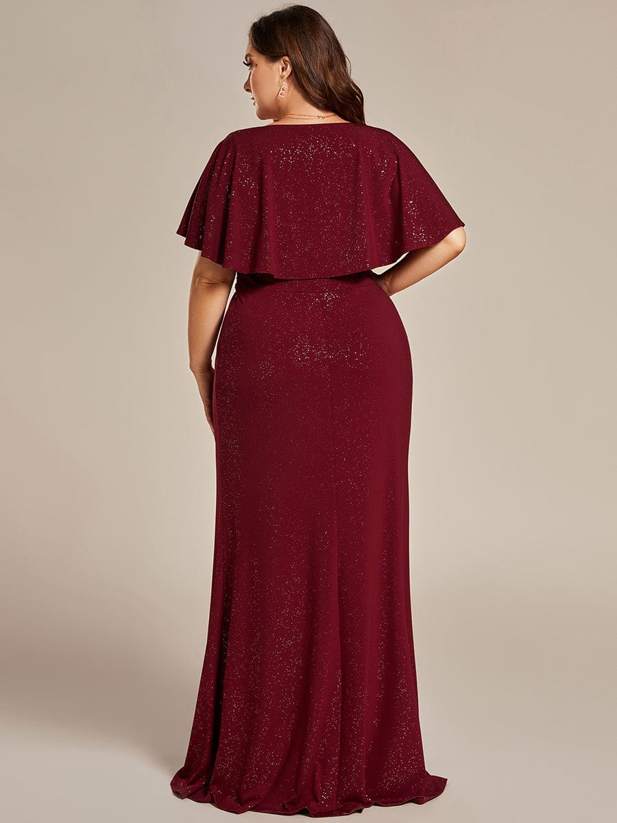 Elegant Plus Size Glitter Bat-Wing Sleeve Mermaid Evening Dress #color_Burgundy