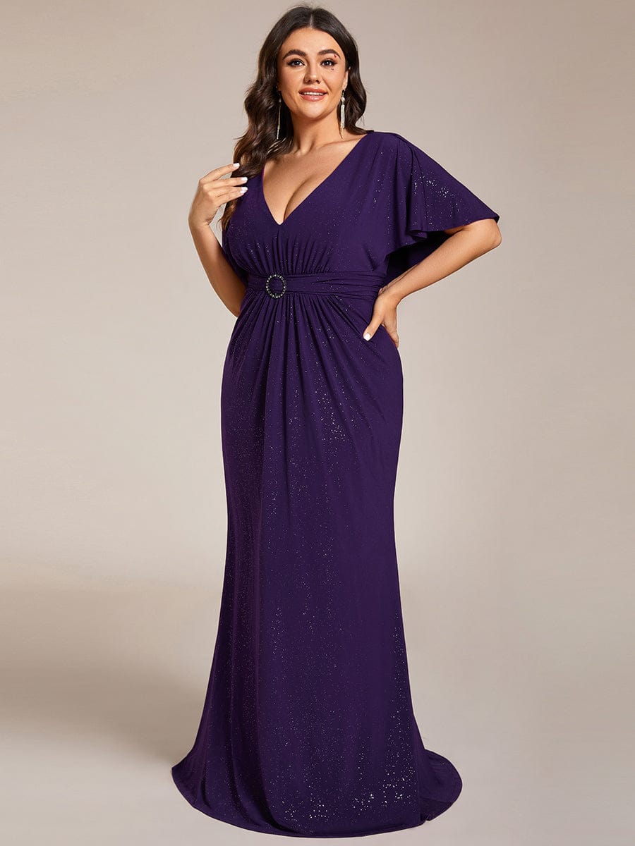 Sparkling V-Neck Bodycon Evening Dress with Pleats and Waist Cinching #color_Dark Purple