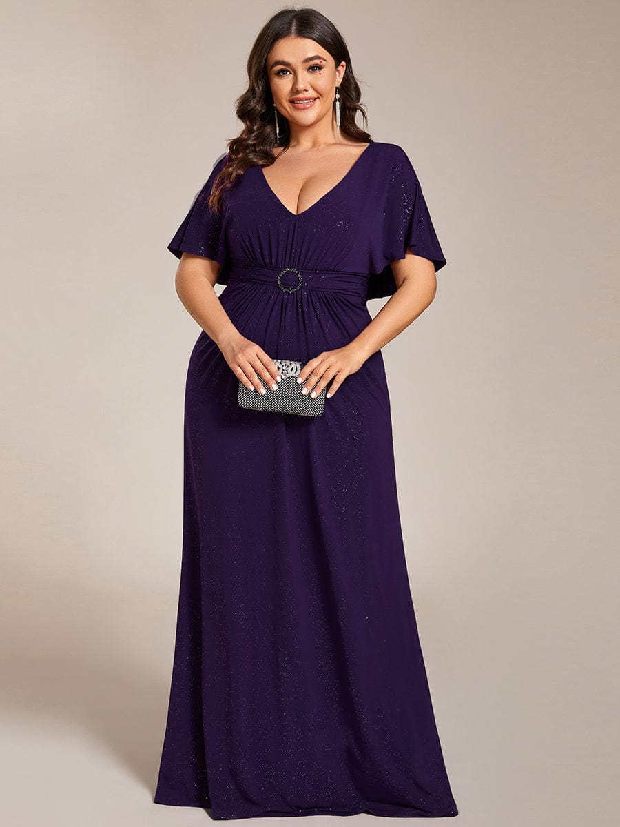 Sparkling V-Neck Bodycon Evening Dress with Pleats and Waist Cinching #color_Dark Purple