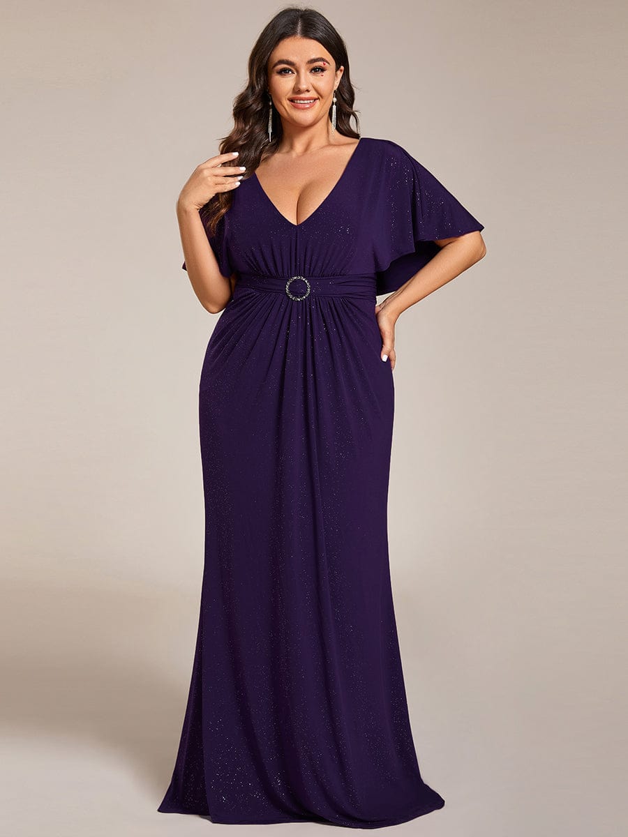 Sparkling V-Neck Bodycon Evening Dress with Pleats and Waist Cinching #color_Dark Purple