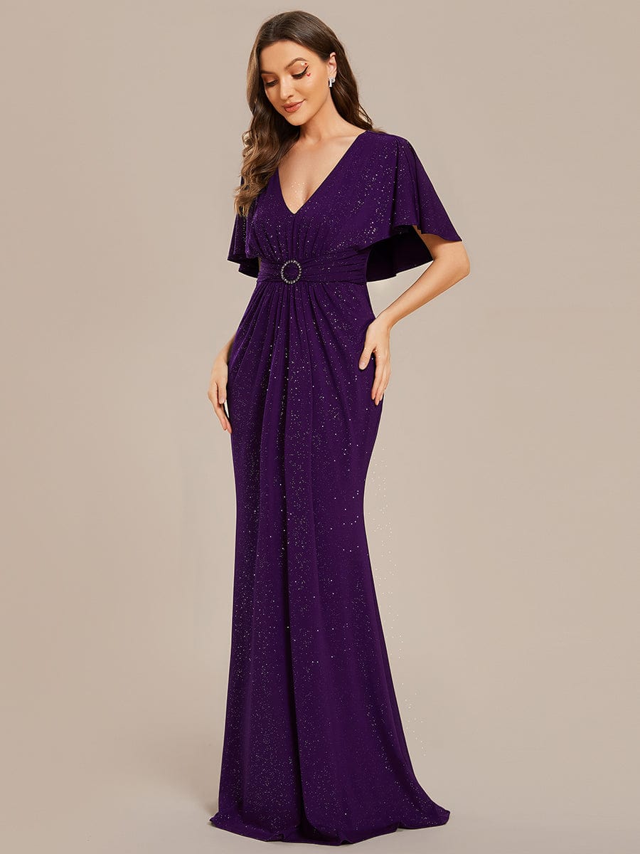 Sparkling V-Neck Bodycon Evening Dress with Pleats and Waist Cinching #color_Dark Purple