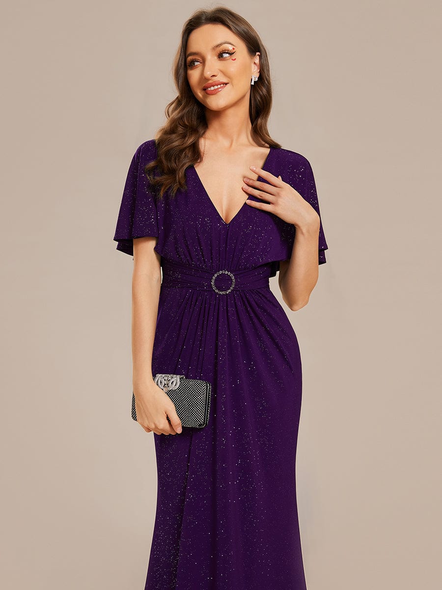 Sparkling V-Neck Bodycon Evening Dress with Pleats and Waist Cinching #color_Dark Purple