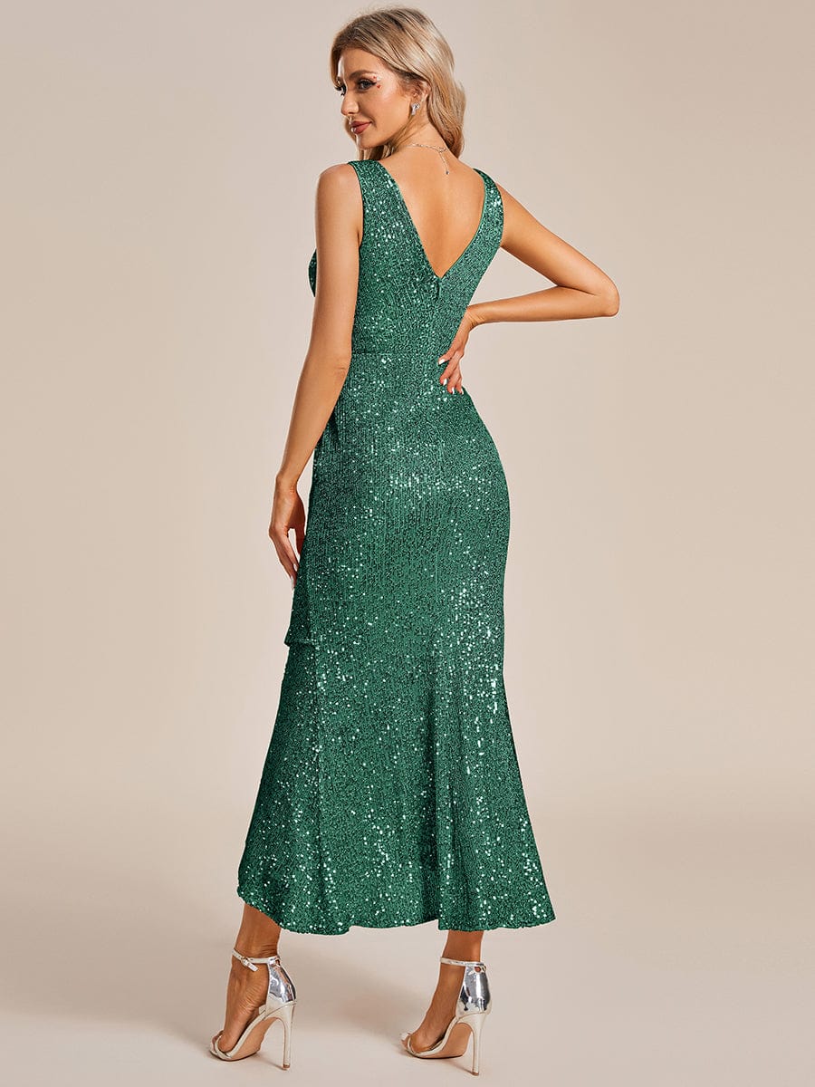 V Neck Sleeveless Asymmetrical Hem Sequins Evening Dress #color_Dark Green