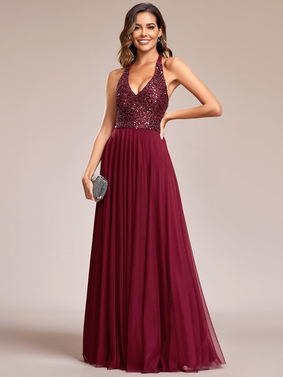 Sparkling Sequin Halter Neck A Line Tulle Evening Dress #color_Burgundy