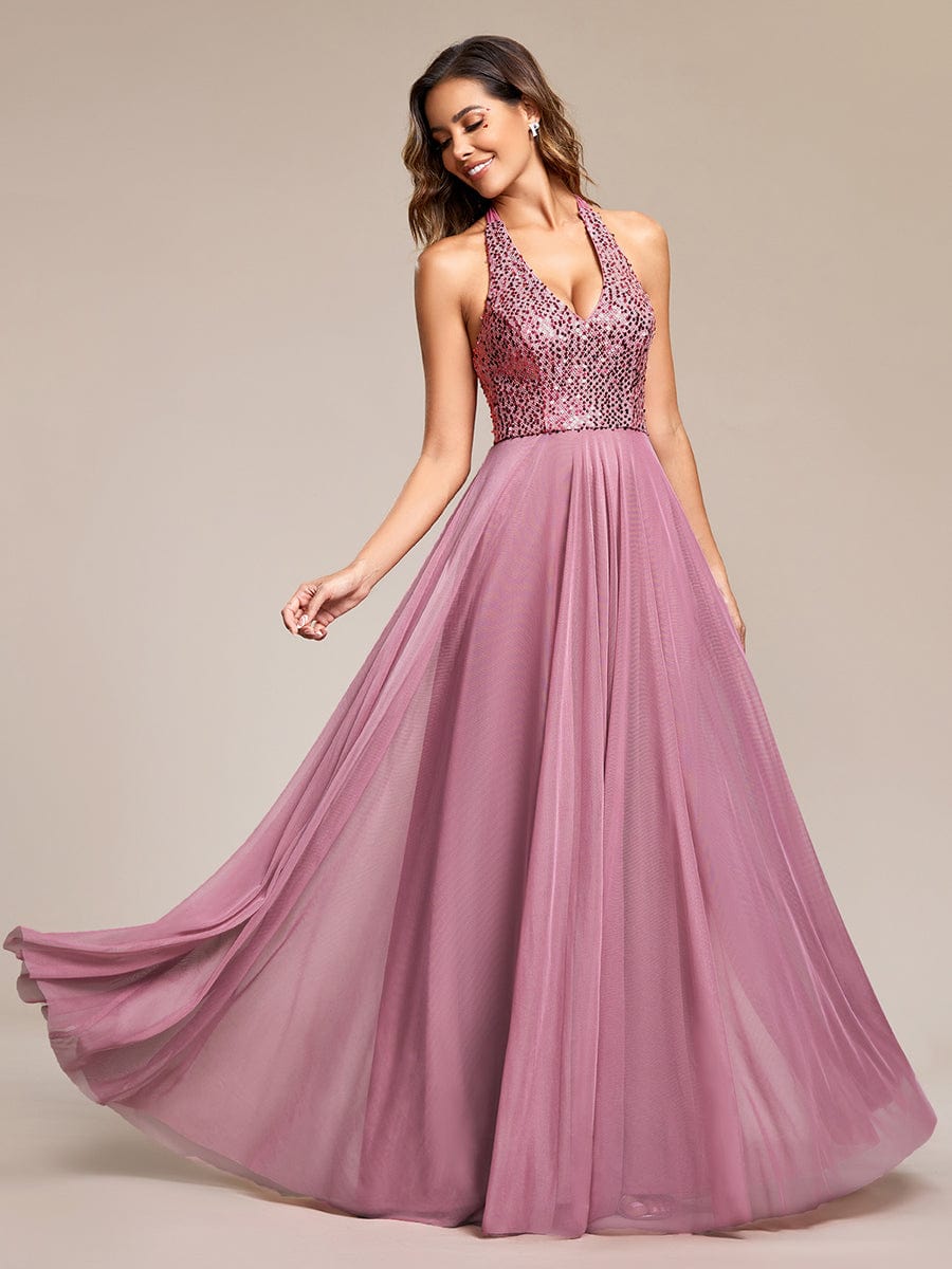 Sparkling Sequin Halter Neck A Line Tulle Evening Dress #color_Purple Orchid