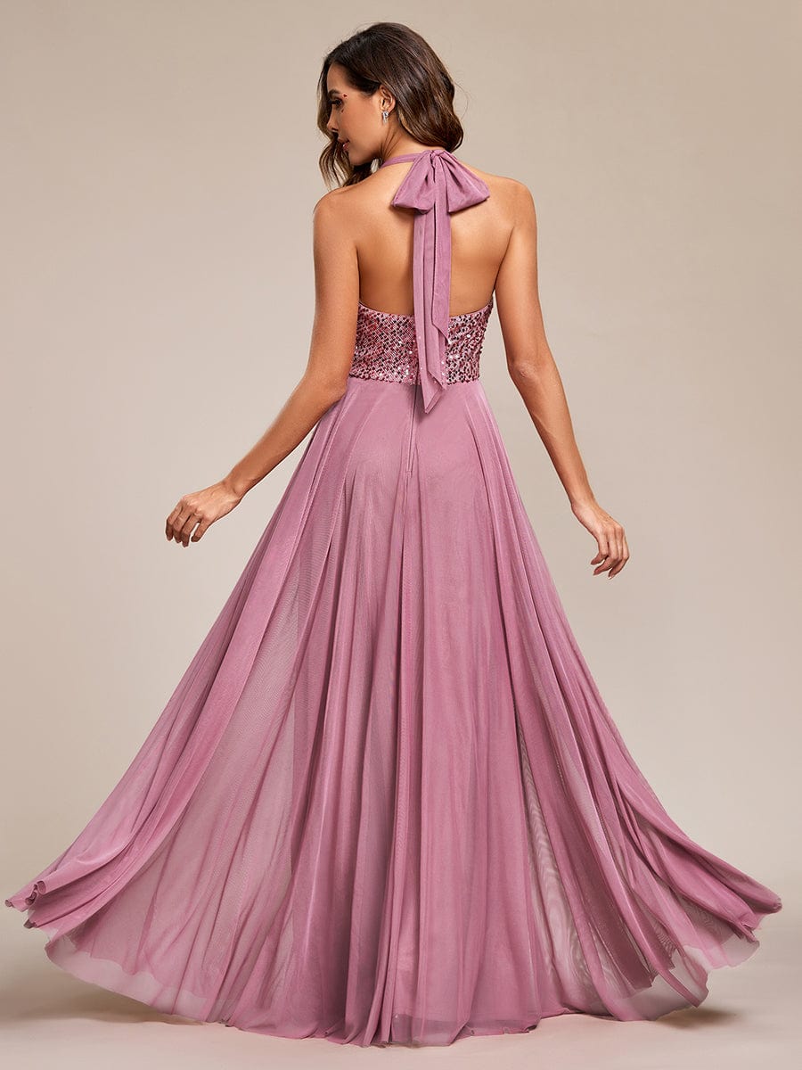 Sparkling Sequin Halter Neck A Line Tulle Evening Dress #color_Purple Orchid