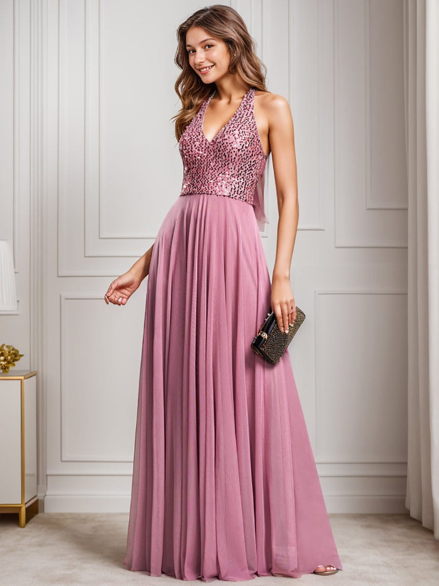 Sparkling Sequin Halter Neck A Line Tulle Evening Dress #color_Purple Orchid