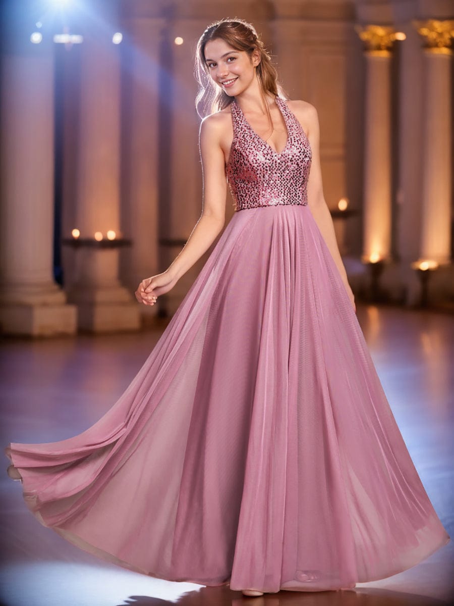 Sparkling Sequin Halter Neck A Line Tulle Evening Dress #color_Purple Orchid