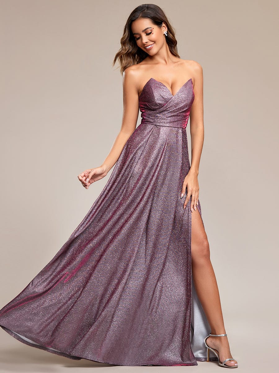 Glitter Strapless A-Line High Slit Evening Dress #color_Metallic Rose