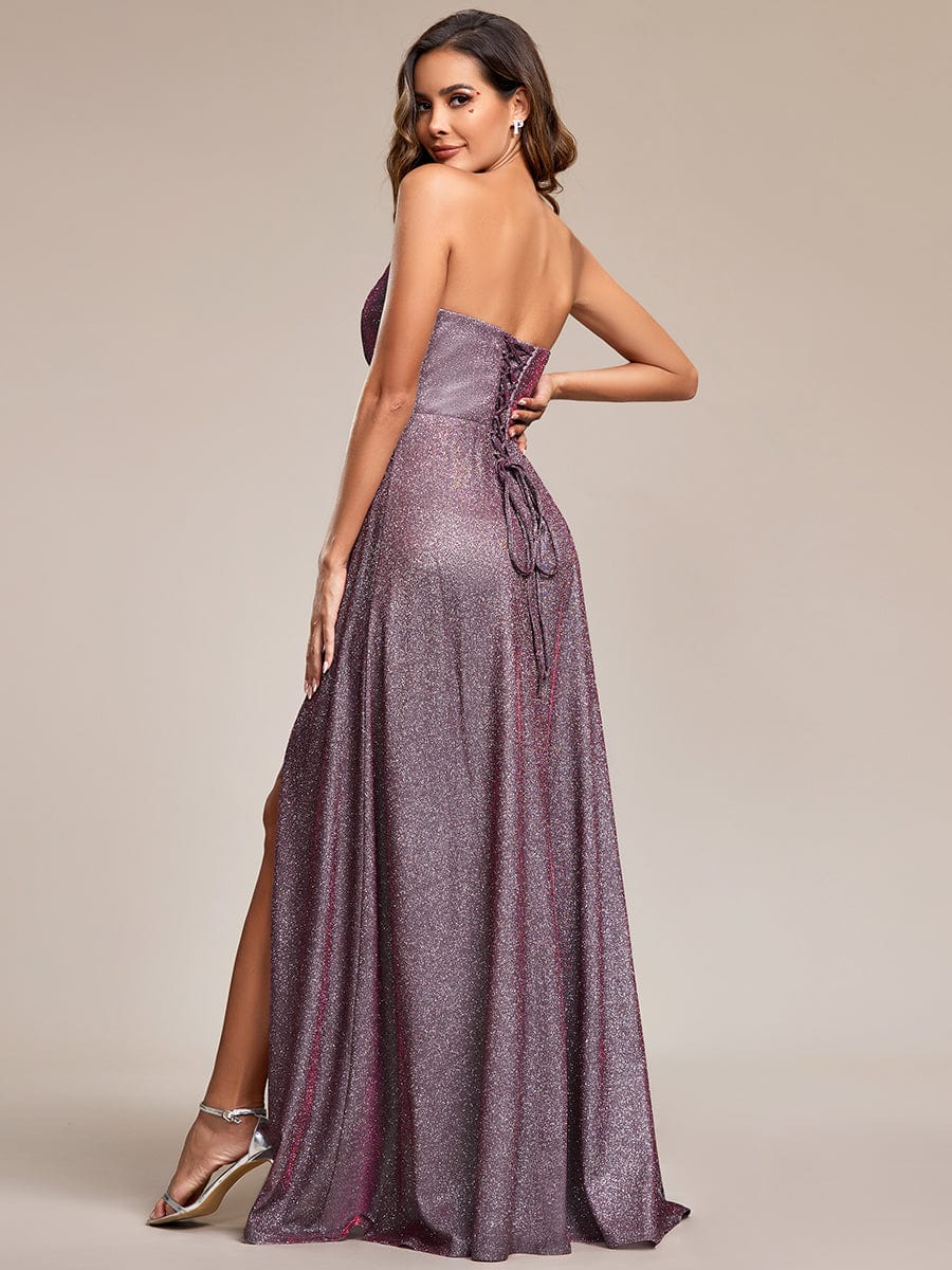 Glitter Strapless A-Line High Slit Evening Dress #color_Metallic Rose