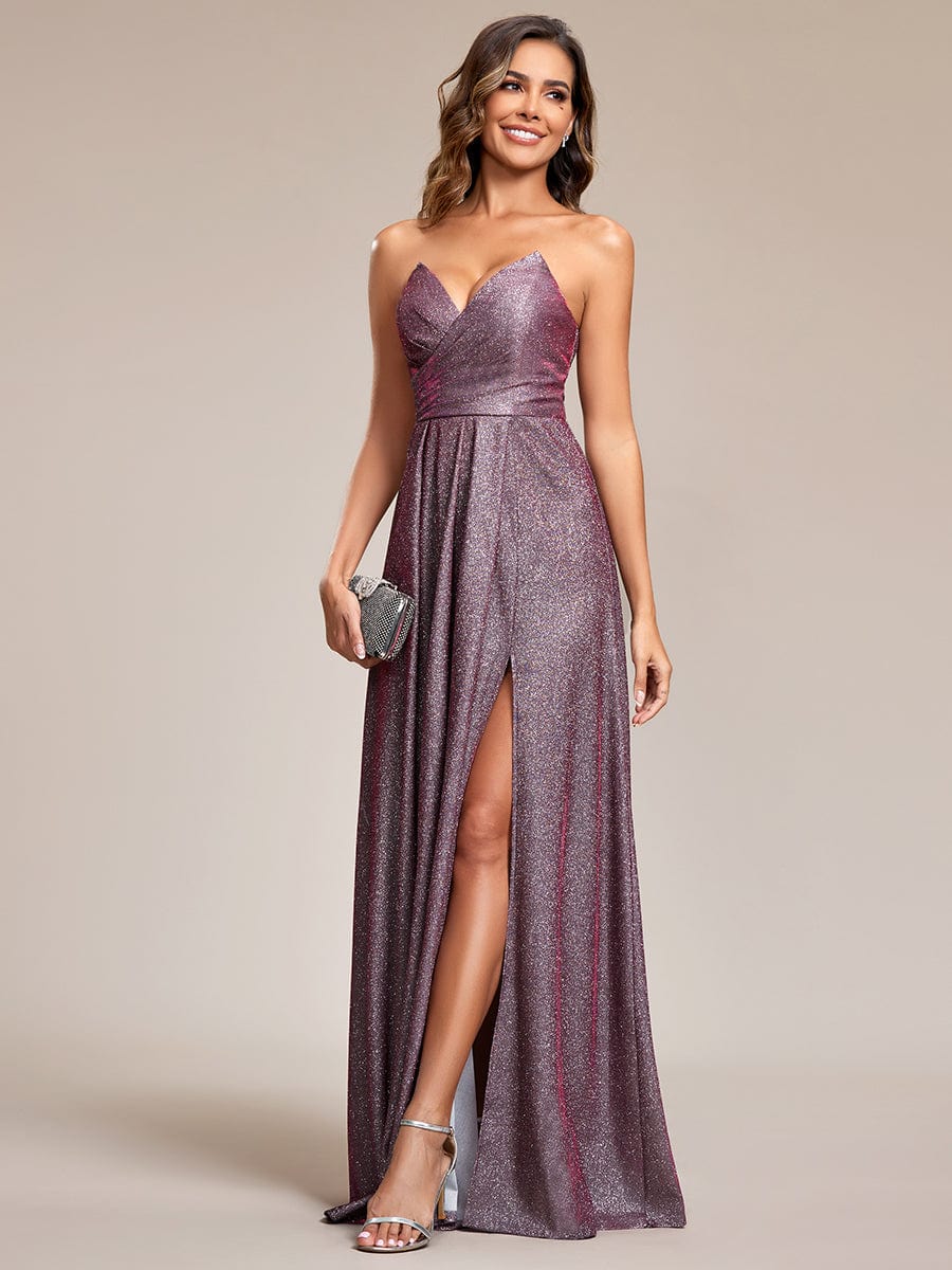 Glitter Strapless A-Line High Slit Evening Dress #color_Metallic Rose