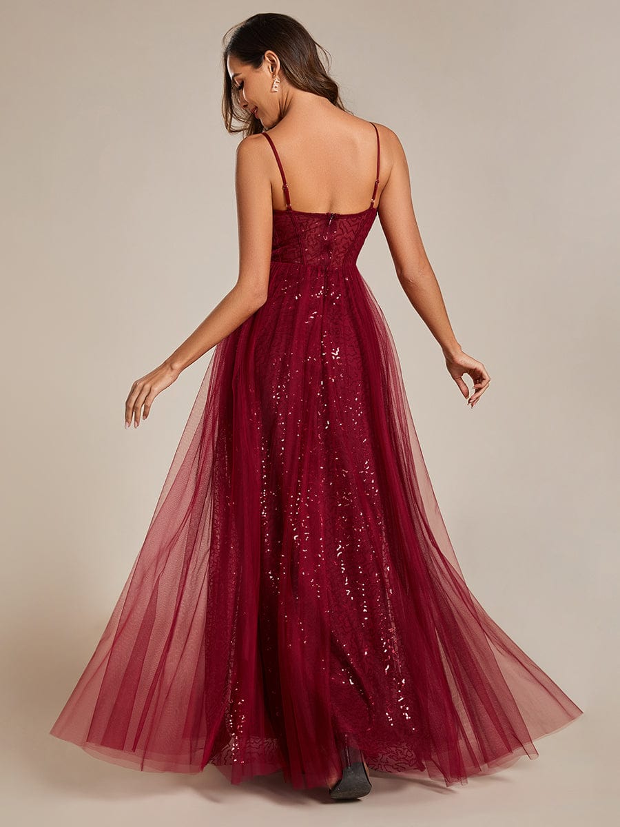 Elegant Sequin Spaghetti Strap A-Line Evening Dress #color_Burgundy