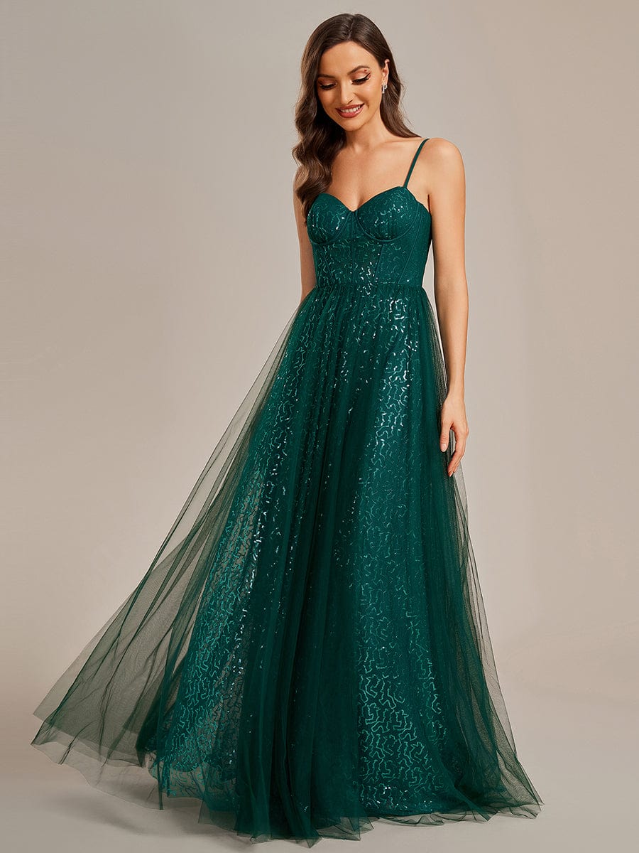 Elegant Sequin Spaghetti Strap A-Line Evening Dress #color_Dark Green