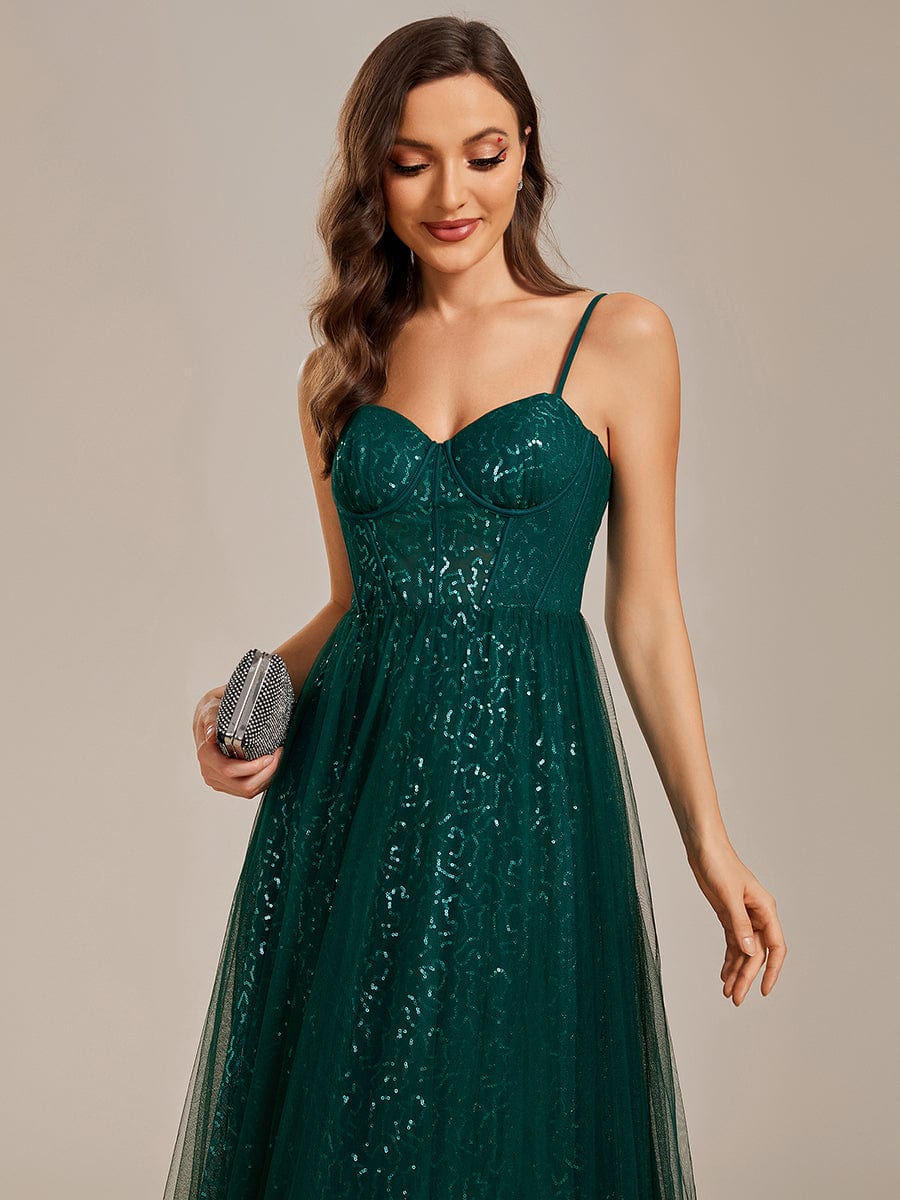 Elegant Sequin Spaghetti Strap A-Line Evening Dress #color_Dark Green