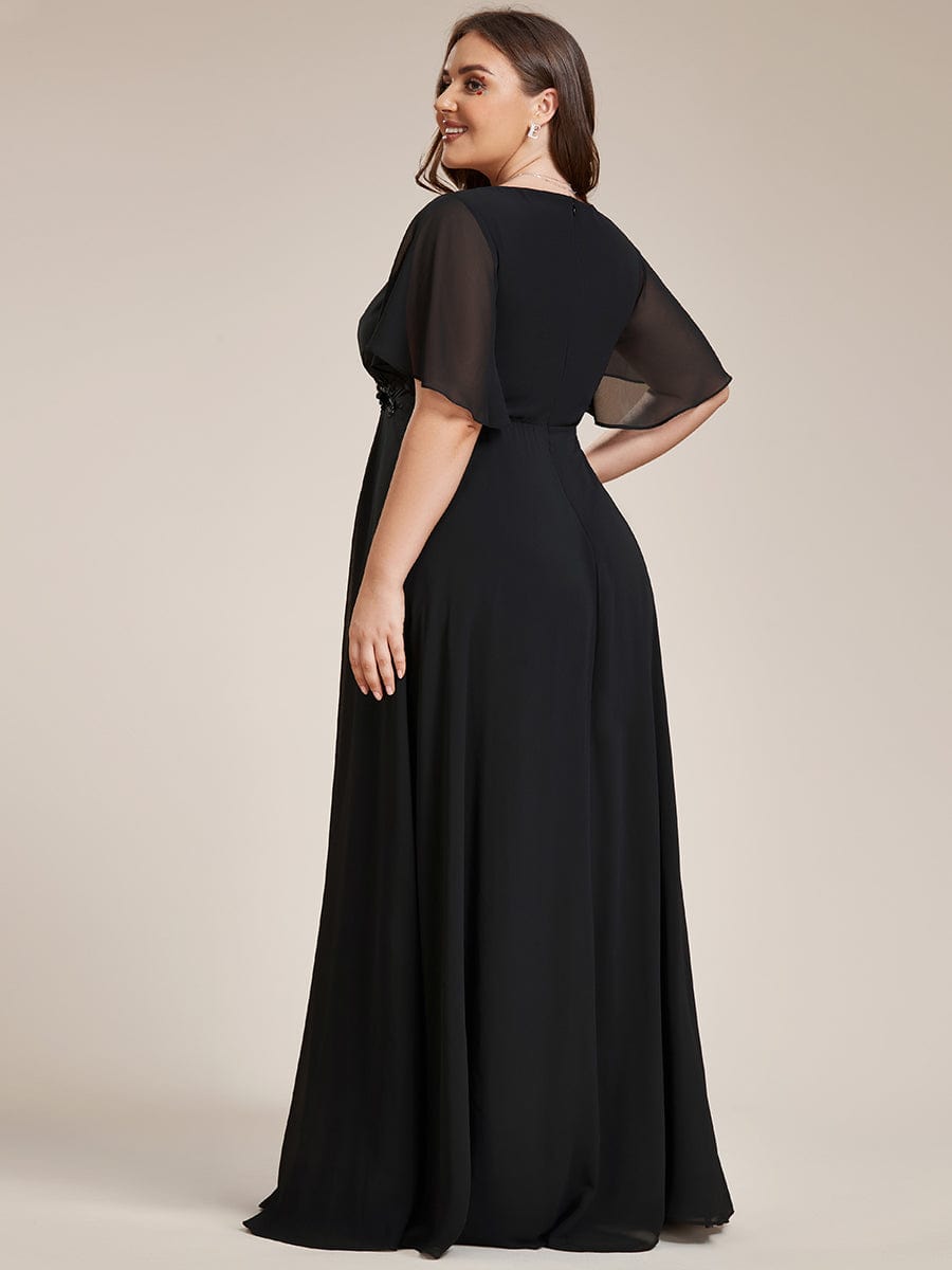 Elegant Chiffon Applique Evening Dress with Flutter Sleeves #color_Black