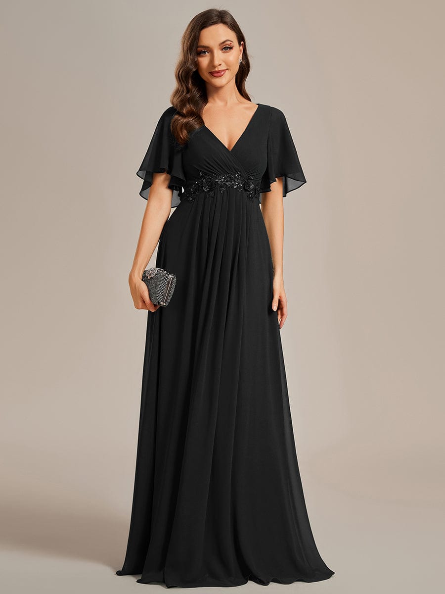 Elegant Chiffon Applique Evening Dress with Flutter Sleeves #color_Black