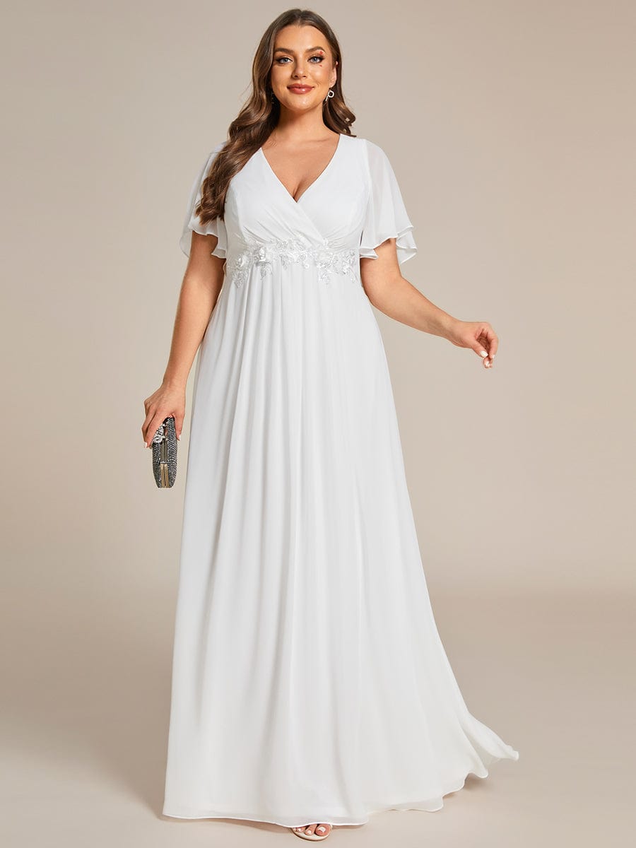 Plus Size Applique Short Sleeve A-Line Chiffon Evening Dress #color_Cream