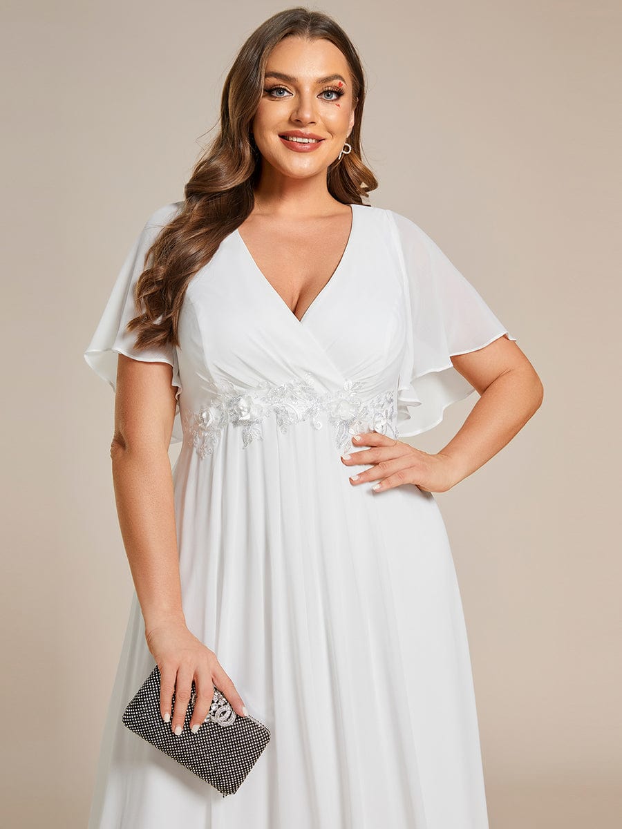 Plus Size Applique Short Sleeve A-Line Chiffon Evening Dress #color_Cream