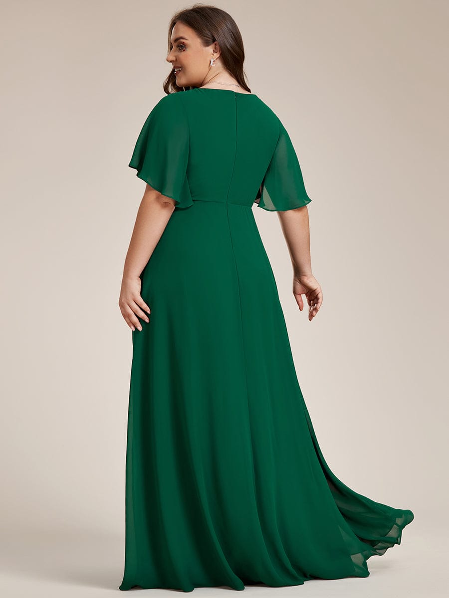 Plus Size Applique Short Sleeve A-Line Chiffon Evening Dress #color_Dark Green