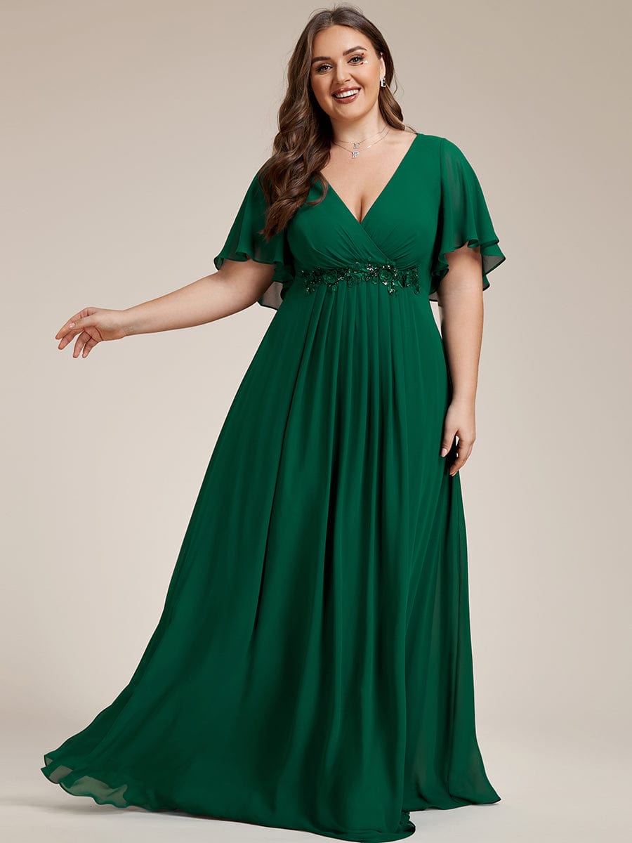 Plus Size Applique Short Sleeve A-Line Chiffon Evening Dress #color_Dark Green