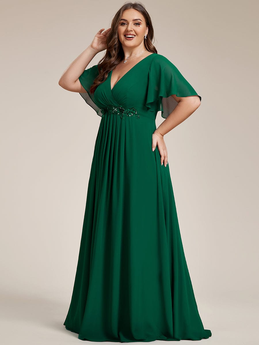 Plus Size Applique Short Sleeve A-Line Chiffon Evening Dress #color_Dark Green