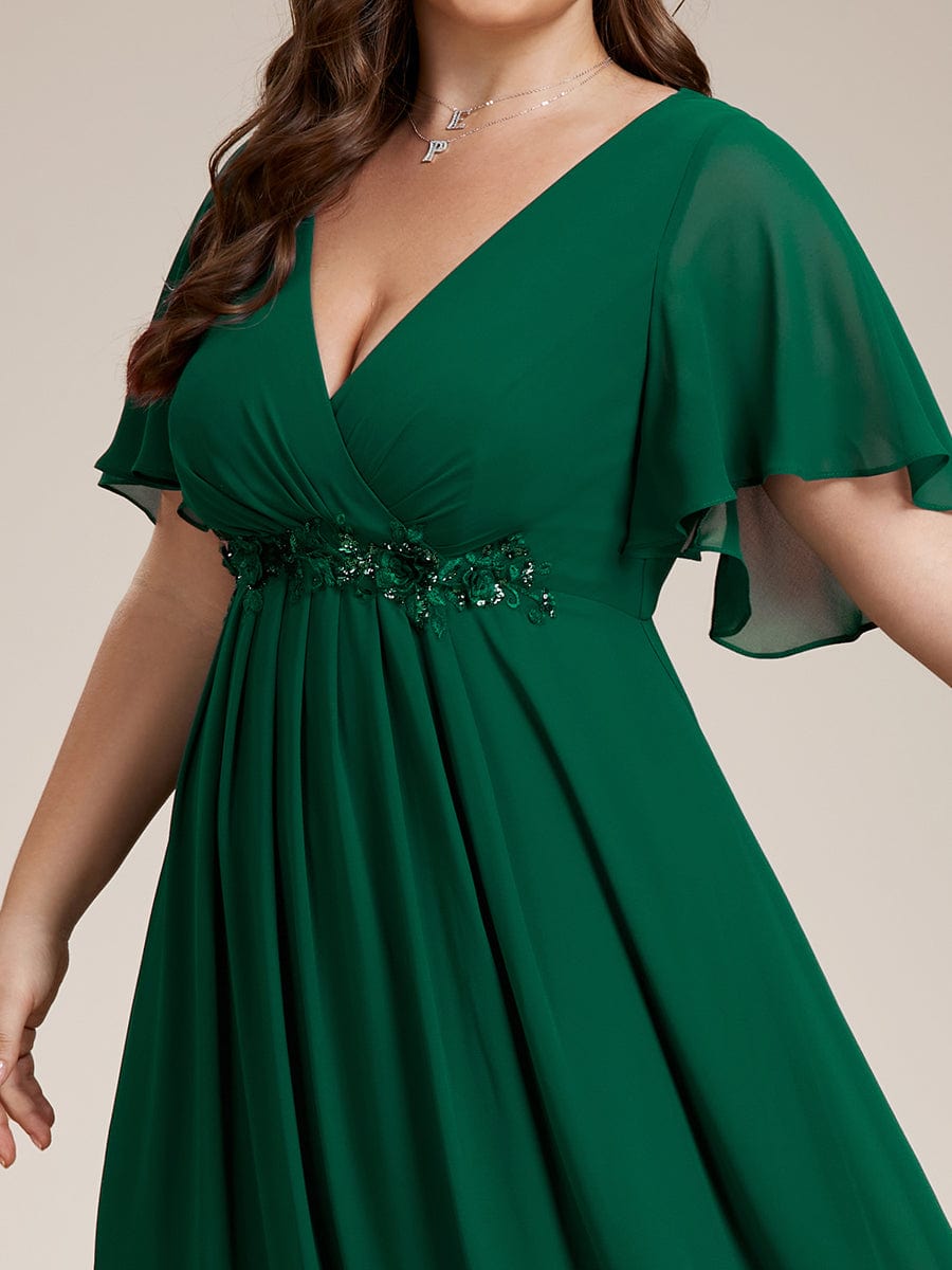 Elegant Chiffon Applique Evening Dress with Flutter Sleeves #color_Dark Green