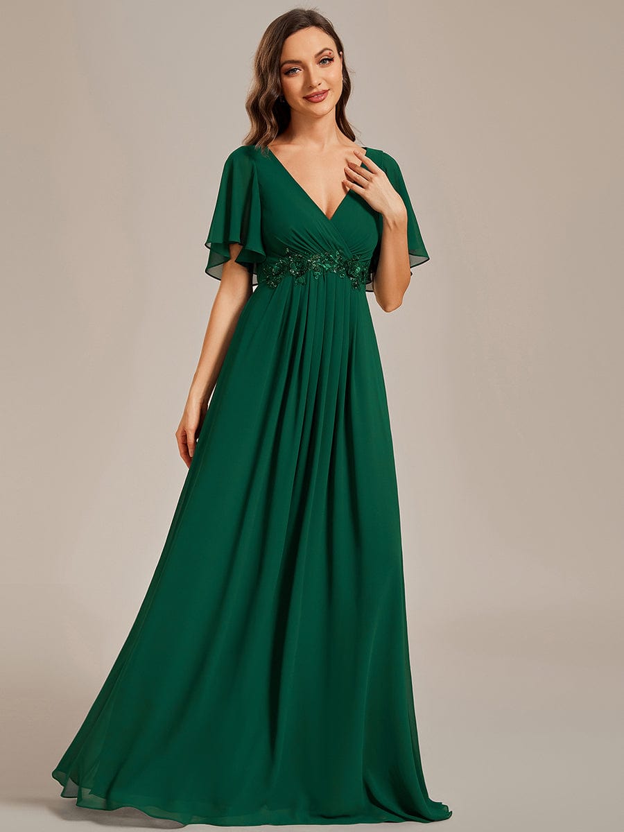 Elegant Chiffon Applique Evening Dress with Flutter Sleeves #color_Dark Green