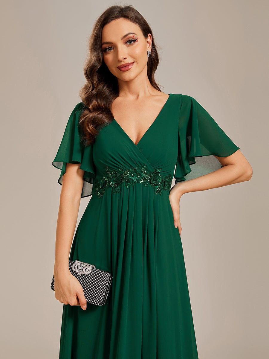 Elegant Chiffon Applique Evening Dress with Flutter Sleeves #color_Dark Green