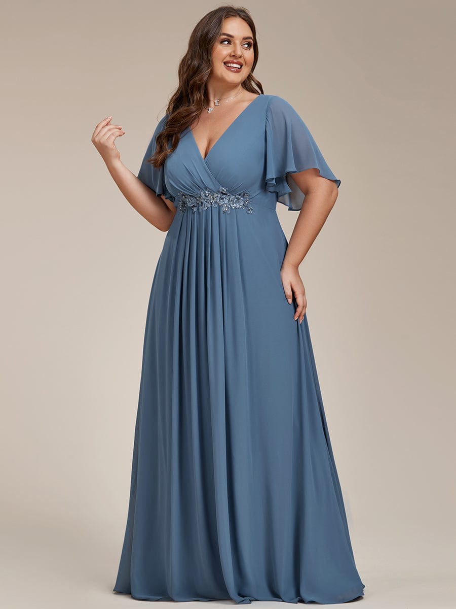 Plus Size Applique Short Sleeve A-Line Chiffon Evening Dress #color_Dusty Navy