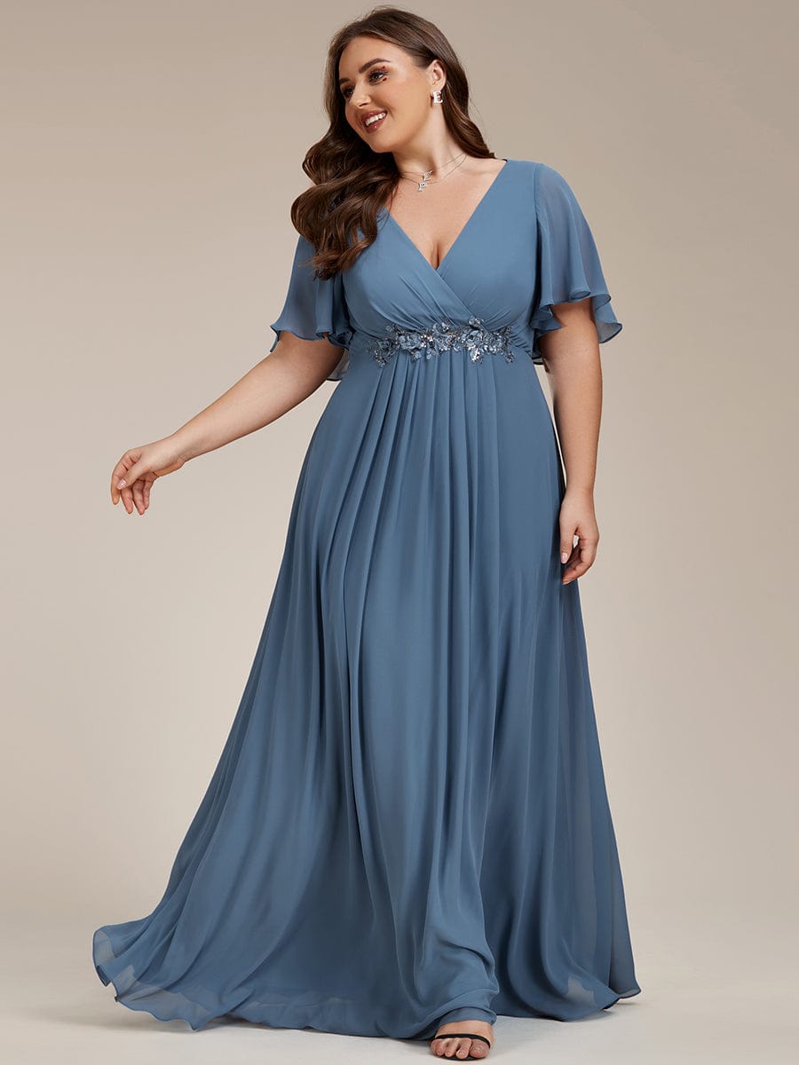 Plus Size Applique Short Sleeve A-Line Chiffon Evening Dress #color_Dusty Blue