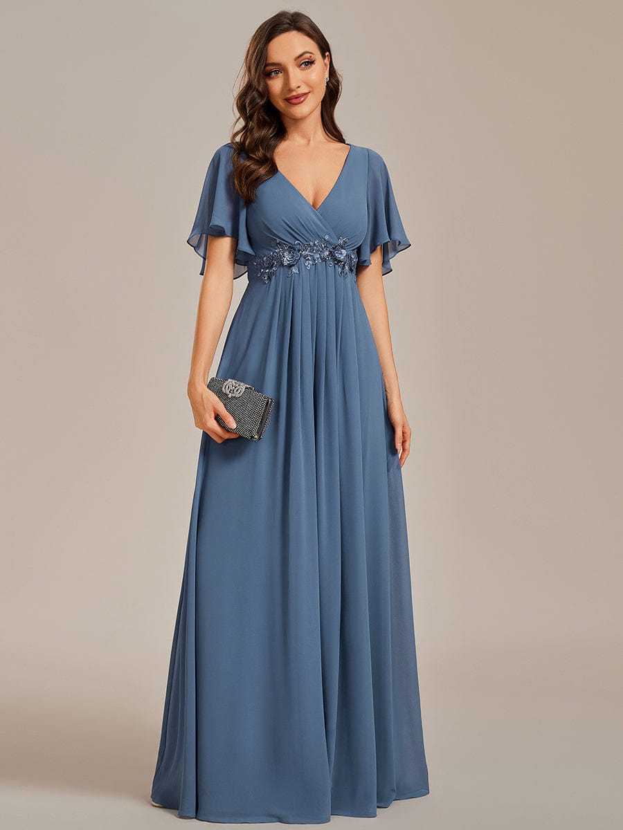 Elegant Chiffon Applique Evening Dress with Flutter Sleeves #color_Dusty Blue