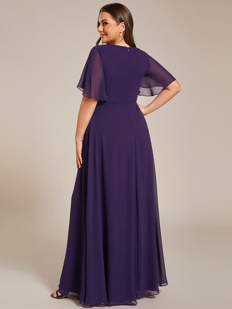 Plus Size Applique Short Sleeve A-Line Chiffon Evening Dress #color_Dark Purple