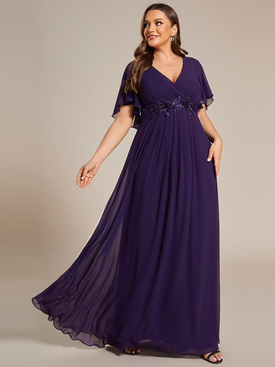 Plus Size Applique Short Sleeve A-Line Chiffon Evening Dress #color_Dark Purple