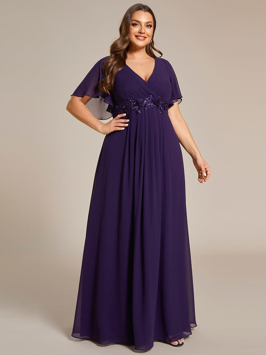 Plus Size Applique Short Sleeve A-Line Chiffon Evening Dress #color_Dark Purple