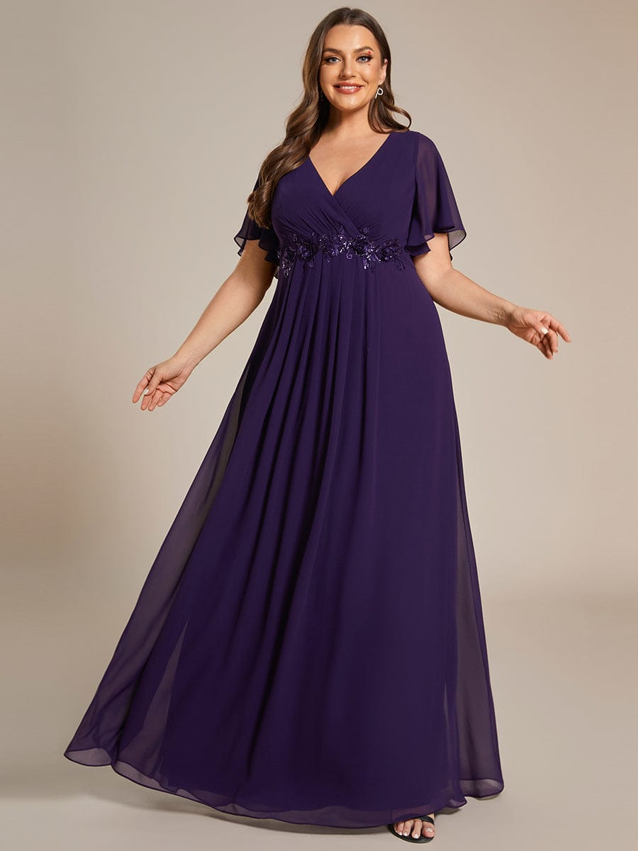 Plus Size Applique Short Sleeve A-Line Chiffon Evening Dress #color_Dark Purple