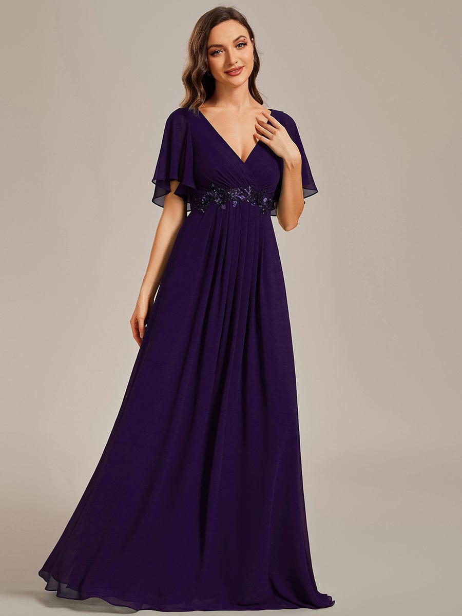 Elegant Chiffon Applique Evening Dress with Flutter Sleeves #color_Dark Purple