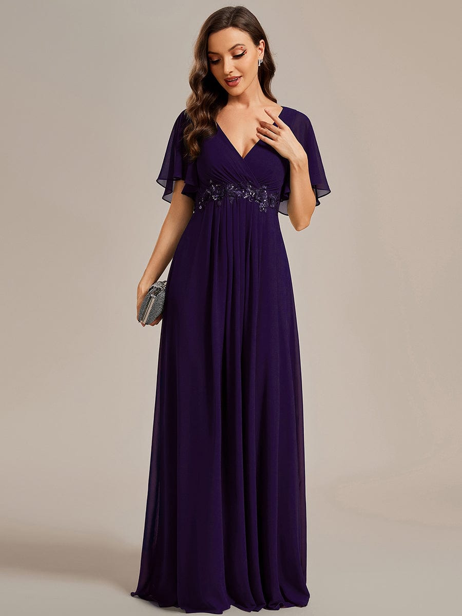 Elegant Chiffon Applique Evening Dress with Flutter Sleeves #color_Dark Purple