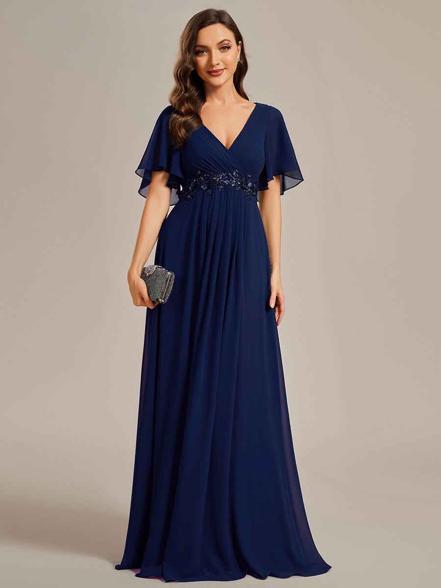 Elegant Chiffon Applique Evening Dress with Flutter Sleeves #color_Navy Blue