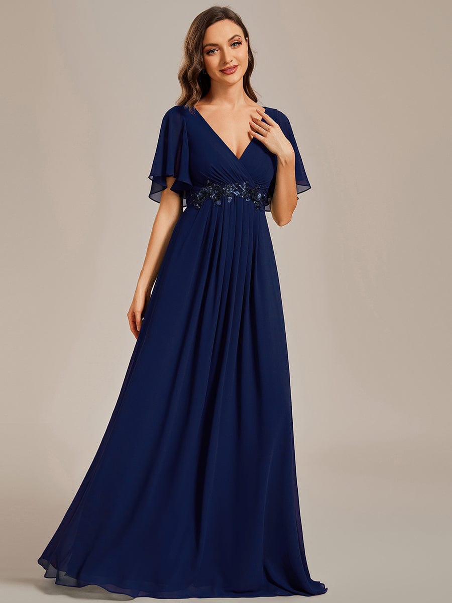 Elegant Chiffon Applique Evening Dress with Flutter Sleeves #color_Navy Blue