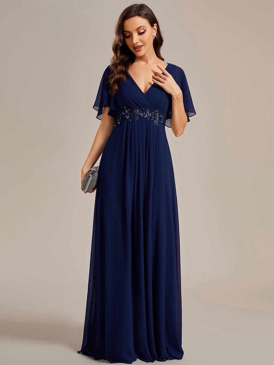 Elegant Chiffon Applique Evening Dress with Flutter Sleeves #color_Navy Blue