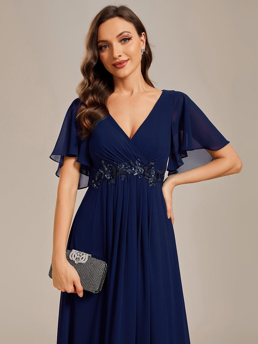 Elegant Chiffon Applique Evening Dress with Flutter Sleeves #color_Navy Blue