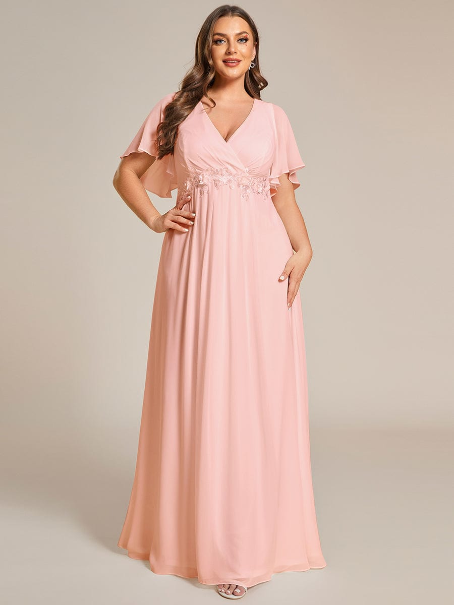 Plus Size Applique Short Sleeve A-Line Chiffon Evening Dress #color_Pink