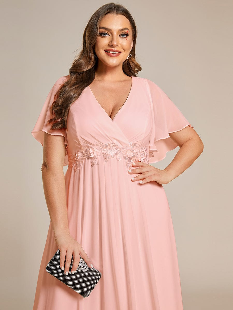 Plus Size Applique Short Sleeve A-Line Chiffon Evening Dress #color_Pink