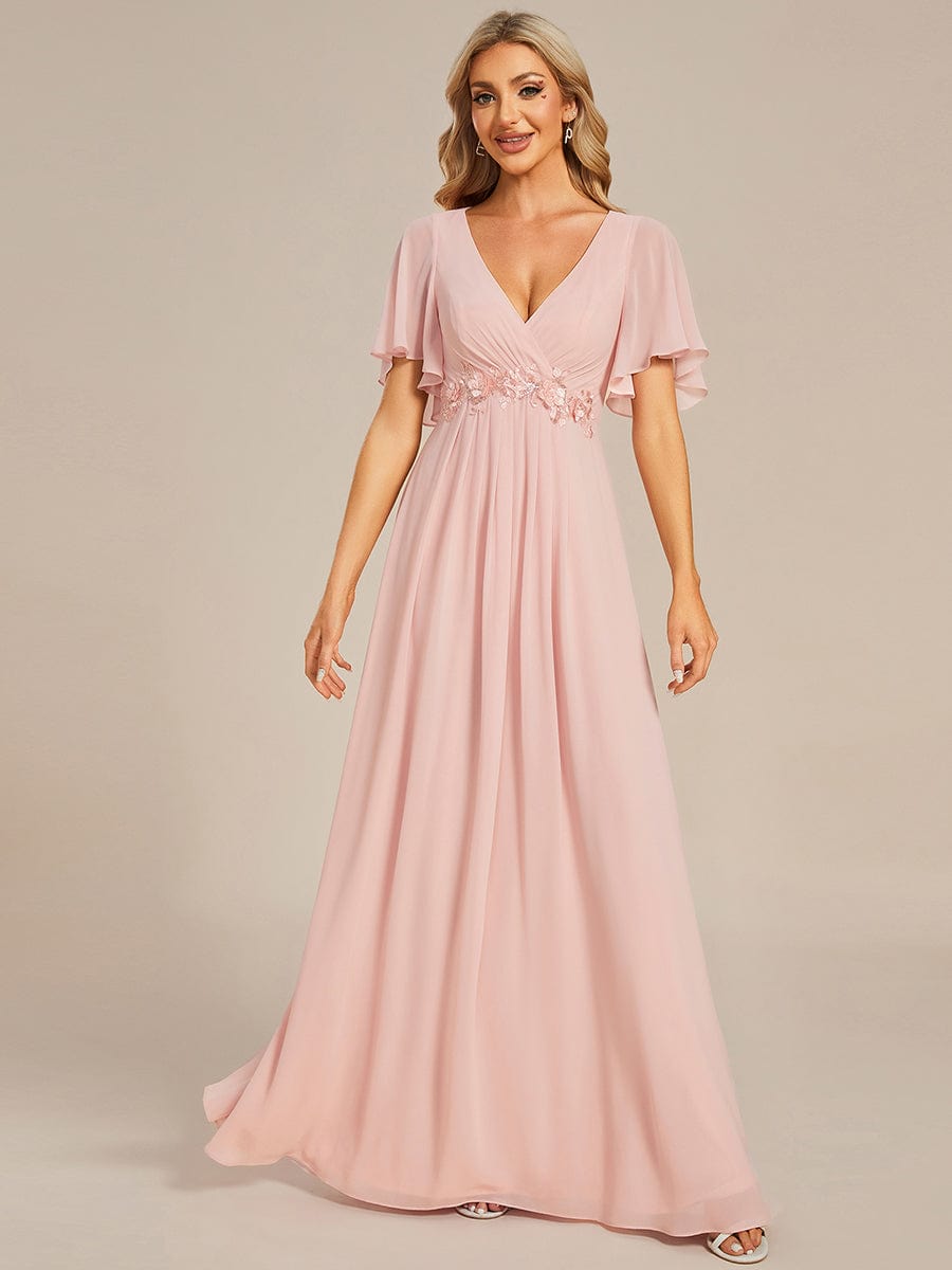 Elegant Chiffon Applique Evening Dress with Flutter Sleeves #color_Pink