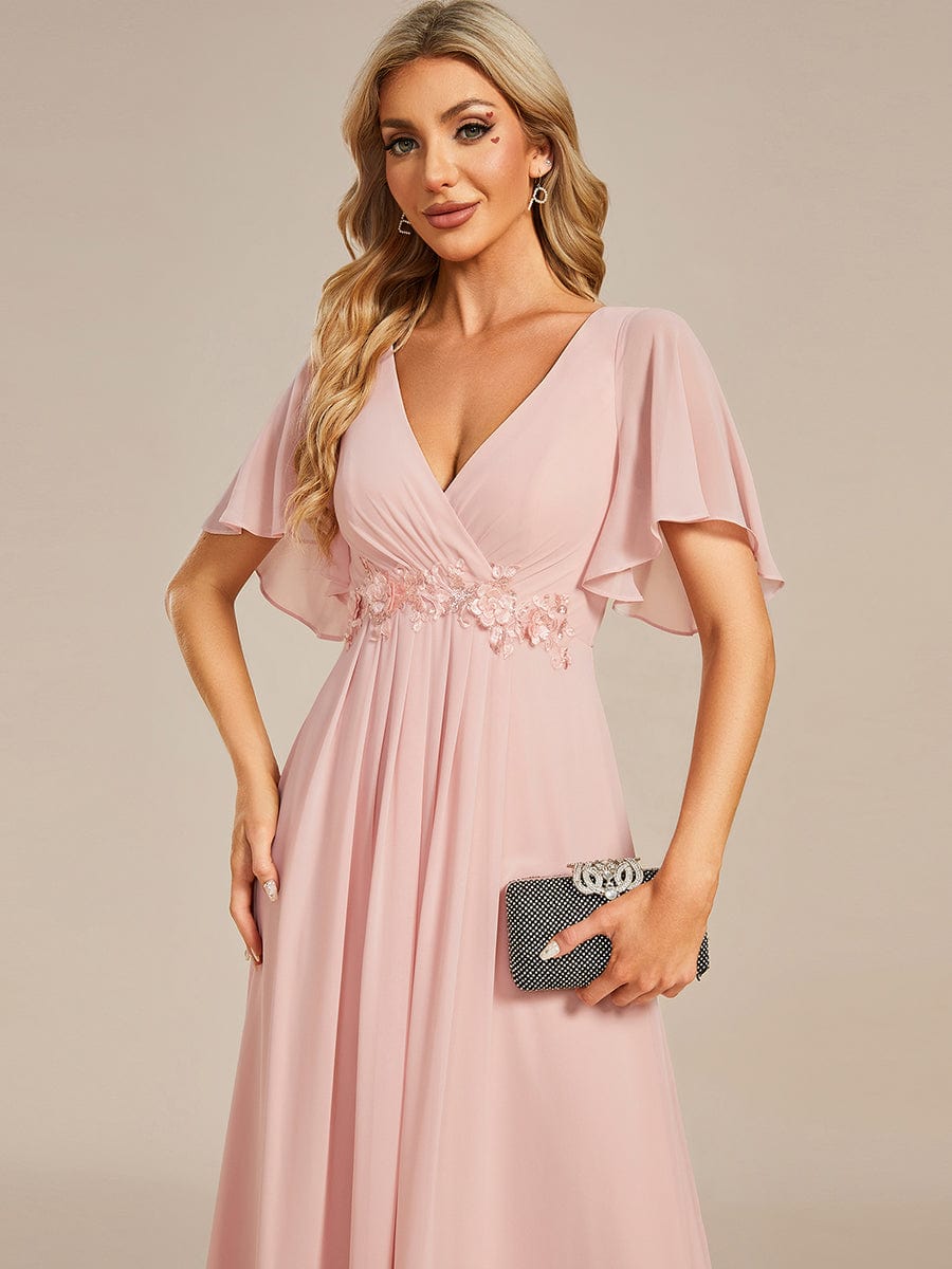 Elegant Chiffon Applique Evening Dress with Flutter Sleeves #color_Pink